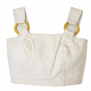Vintage Cache Denim Crop Top Womens 8 Ivory Back Button Gold Ring 90s Y2K Euro
